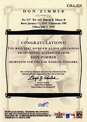 2004 Fleer Greats of the Game Don Zimmer #GBA-DZ Autograph Back