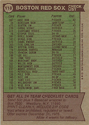 1975 Topps #172 Red Sox Team Card Back